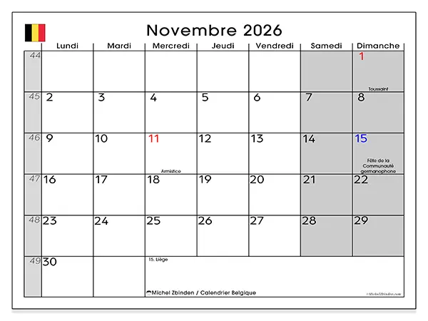Calendrier novembre 2026 à imprimer - Belgique
