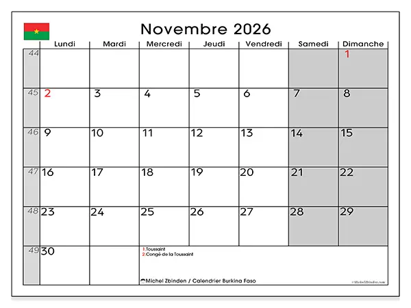Calendrier novembre 2026 à imprimer - Burkina Faso