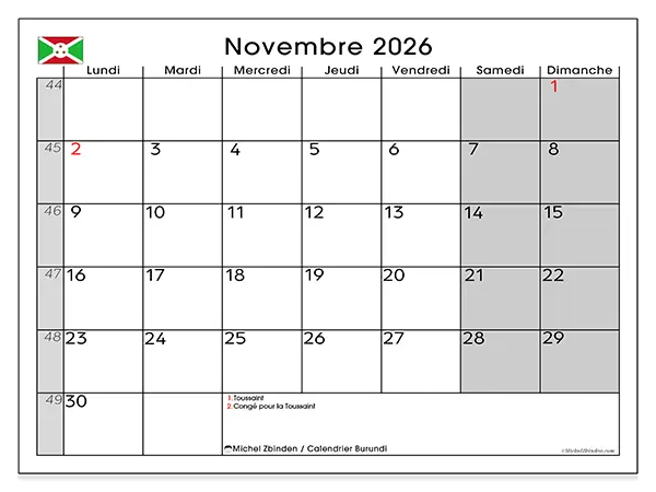 Calendrier novembre 2026 à imprimer - Burundi