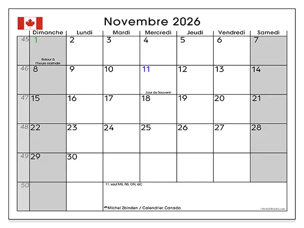 Calendrier novembre 2026 à imprimer - Canada