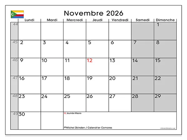 Calendrier novembre 2026 à imprimer - Comores