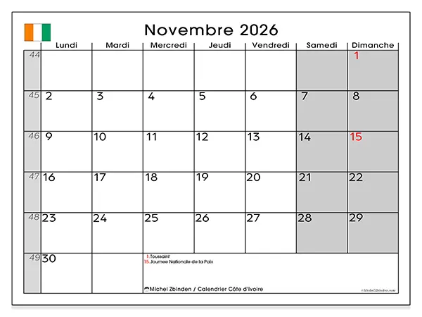 Calendrier novembre 2026 à imprimer - Côte d’Ivoire