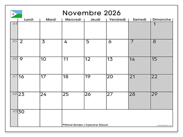 Calendrier novembre 2026 à imprimer - Djibouti