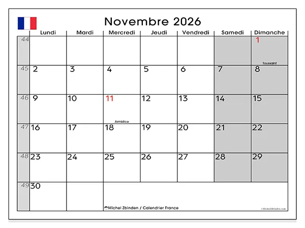 Calendrier novembre 2026 à imprimer - France