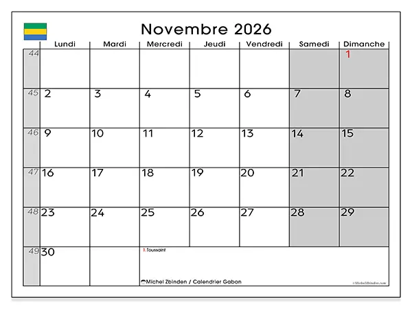 Calendrier novembre 2026 à imprimer - Gabon