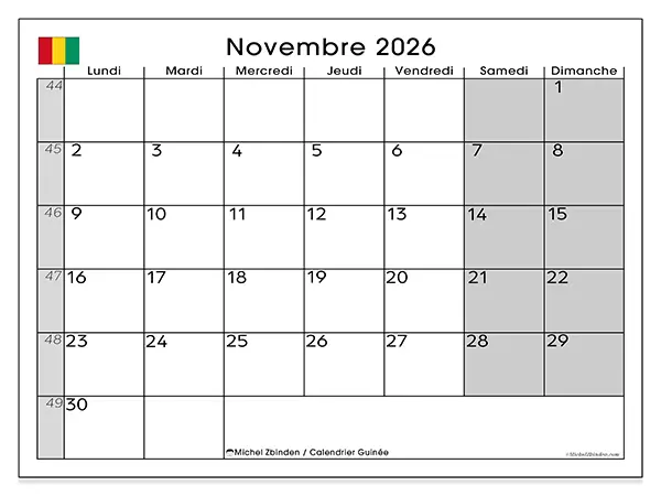 Calendrier novembre 2026 à imprimer - Guinée
