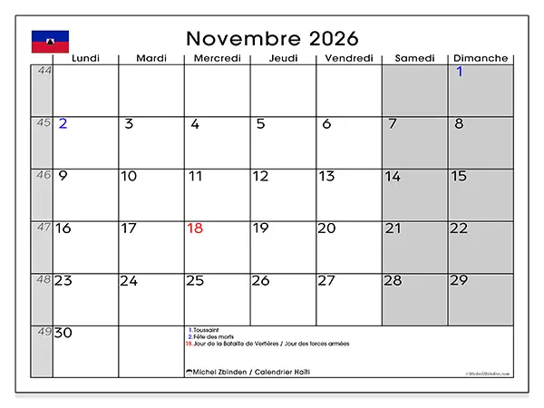 Calendrier novembre 2026 à imprimer - Haïti