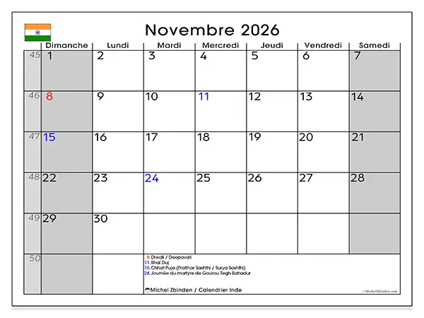 Calendrier novembre 2026 à imprimer - Inde