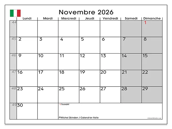 Calendrier novembre 2026 à imprimer - Italie