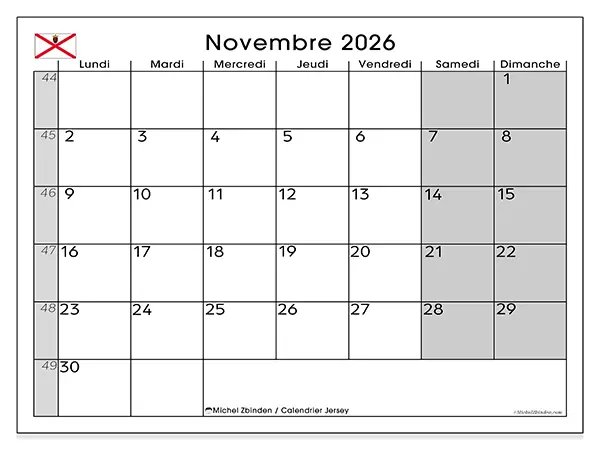 Calendrier novembre 2026 à imprimer - Jersey