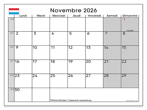 Calendrier novembre 2026 à imprimer - Luxembourg