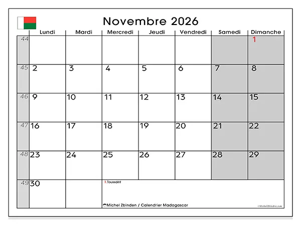 Calendrier novembre 2026 à imprimer - Madagascar