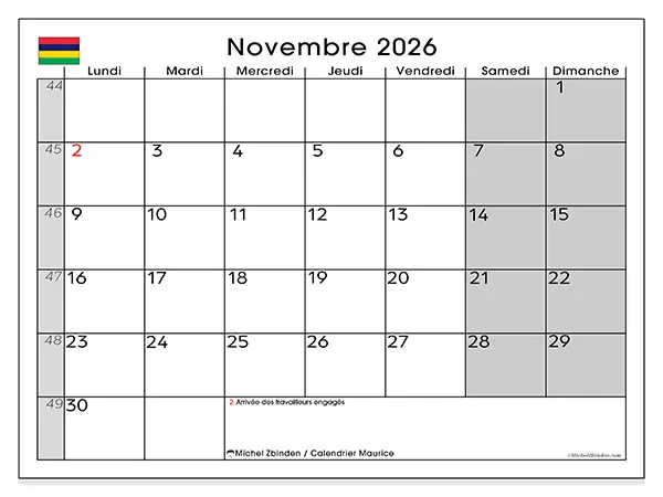 Calendrier novembre 2026 à imprimer - Maurice
