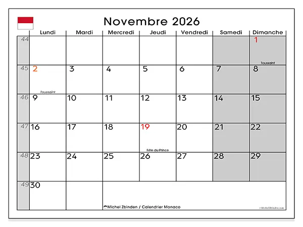 Calendrier novembre 2026 à imprimer - Monaco