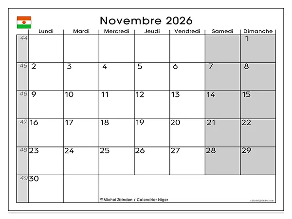 Calendrier novembre 2026 à imprimer - Niger