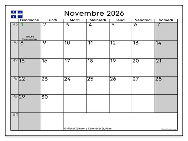 Calendrier novembre 2026 à imprimer - Québec