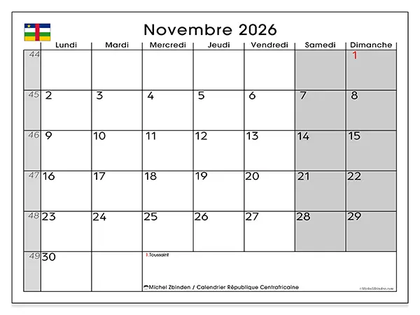 Calendrier novembre 2026 à imprimer - République centrafricaine