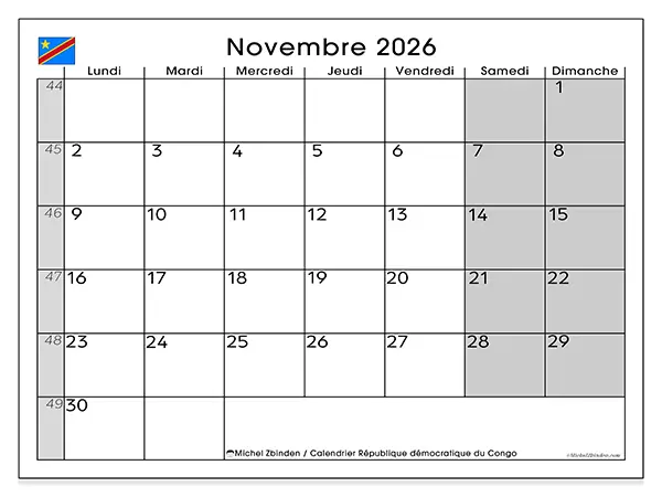 Calendrier novembre 2026 à imprimer - République démocratique du Congo