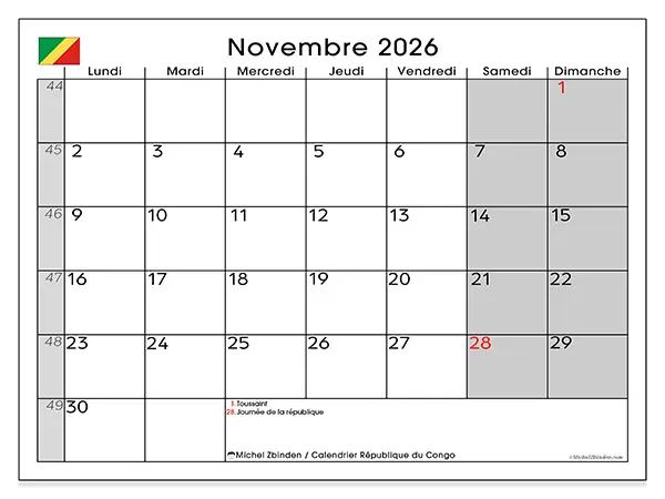 Calendrier novembre 2026 à imprimer - République du Congo