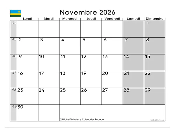 Calendrier novembre 2026 à imprimer - Rwanda