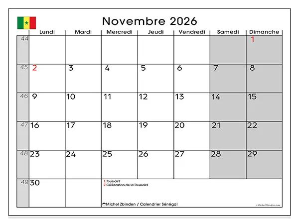 Calendrier novembre 2026 à imprimer - Sénégal