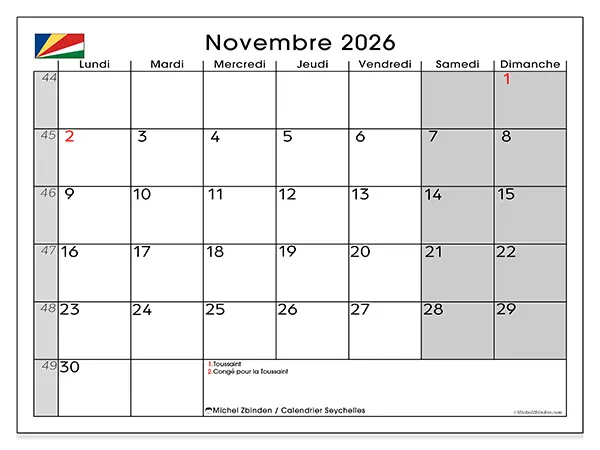 Calendrier novembre 2026 à imprimer - Seychelles