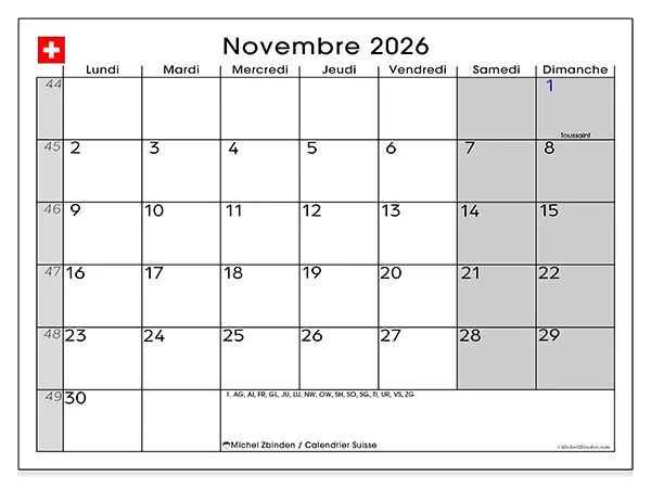Calendrier novembre 2026 à imprimer - Suisse