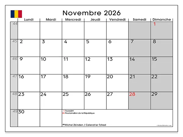 Calendrier novembre 2026 à imprimer - Tchad