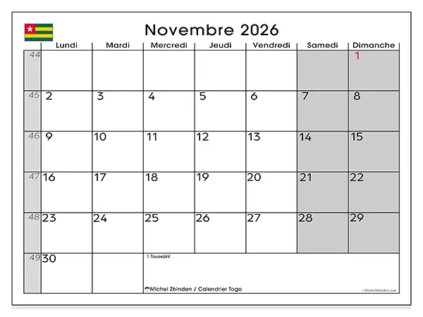 Calendrier novembre 2026 à imprimer - Togo