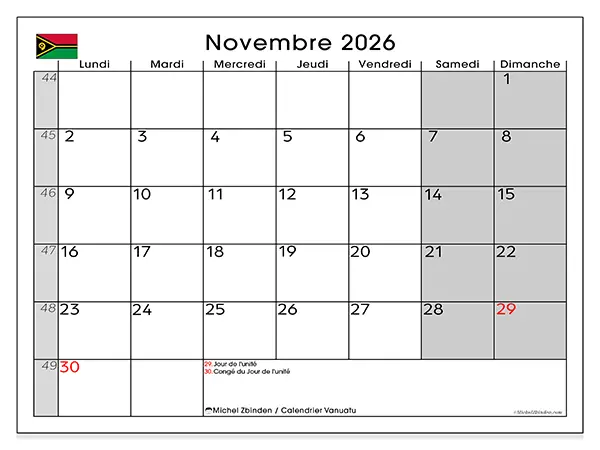 Calendrier novembre 2026 à imprimer - Vanuatu