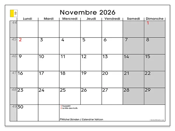 Calendrier novembre 2026 à imprimer - Vatican