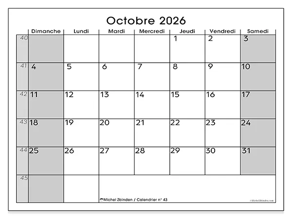 Calendrier octobre 2026 à imprimer - Organisation parfaite - Semaine du dimanche au samedi