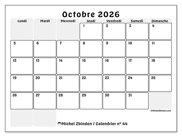 Calendrier octobre 2026 à imprimer - Planning structuré