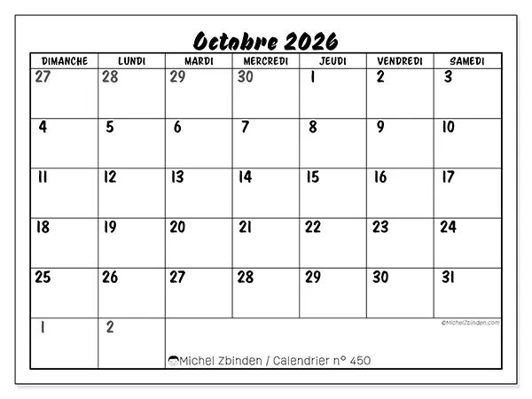 Calendrier octobre 2026 à imprimer - Organisation détaillée - Semaine du dimanche au samedi