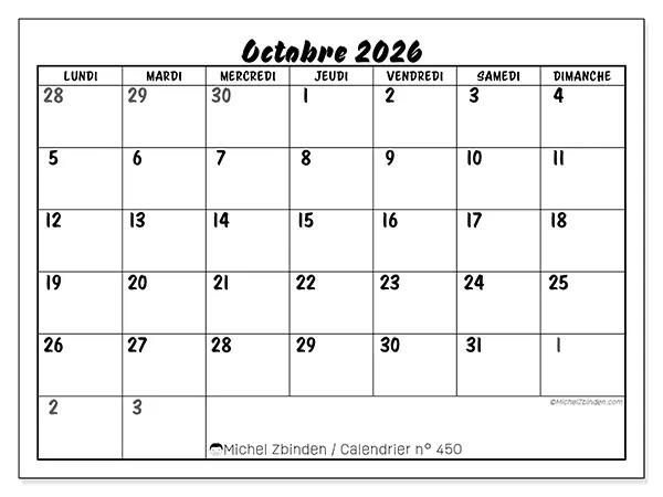 Calendrier octobre 2026 à imprimer - Organisation détaillée