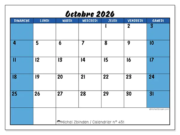 Calendrier octobre 2026 à imprimer - Organisation dynamique - Semaine du dimanche au samedi