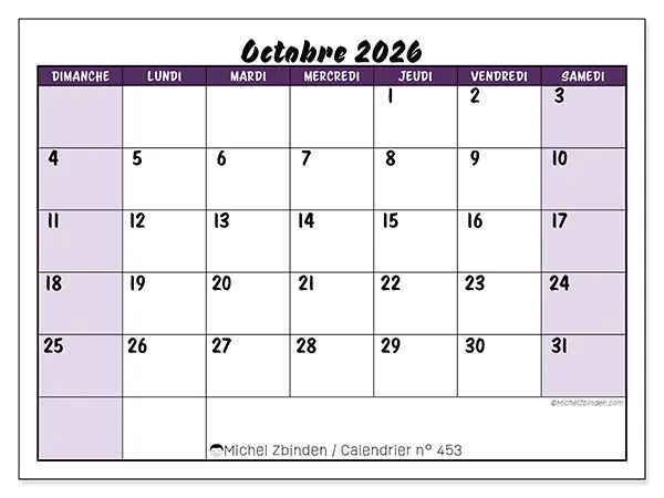 Calendrier octobre 2026 à imprimer - Efficacité colorée - Semaine du dimanche au samedi