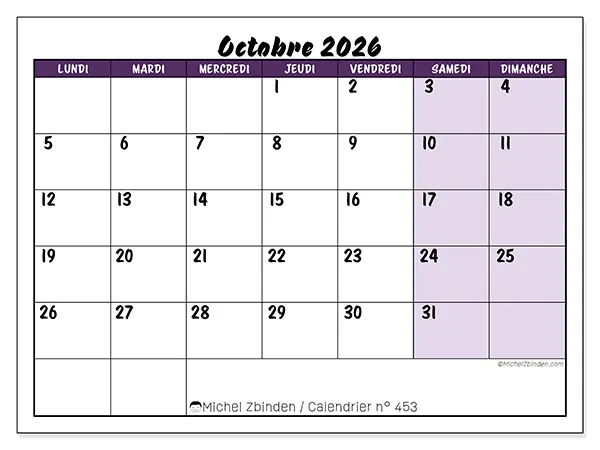 Calendrier octobre 2026 à imprimer - Efficacité colorée