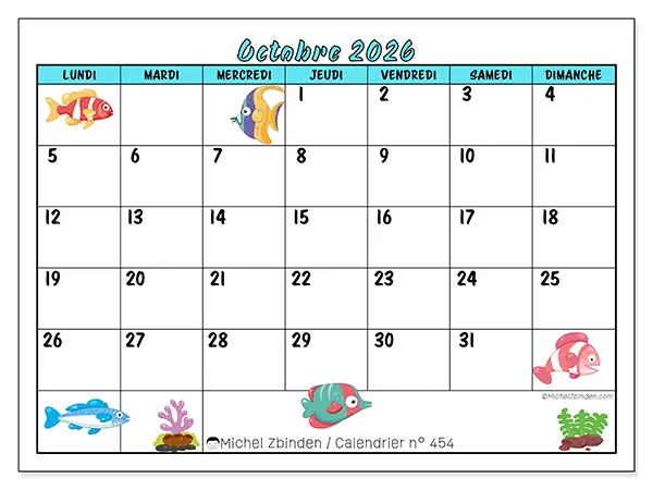Calendrier octobre 2026 à imprimer - Poissons colorés