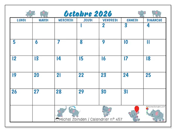 Calendrier octobre 2026 à imprimer - Petits éléphants