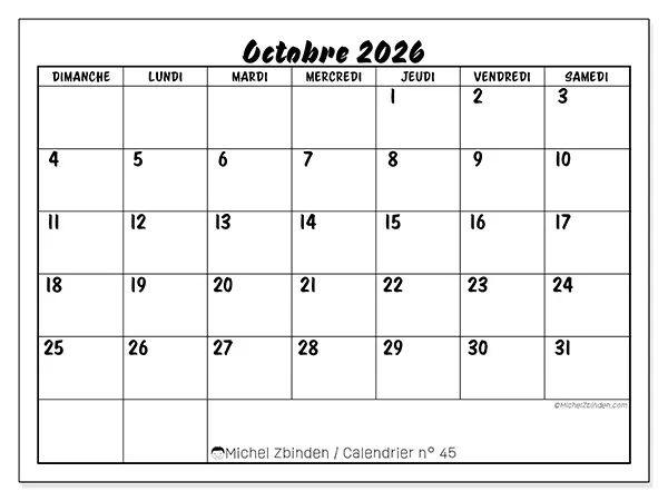 Calendrier octobre 2026 à imprimer - Réussite scolaire - Semaine du dimanche au samedi