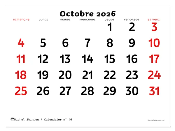 Calendrier octobre 2026 à imprimer - Vision claire - Semaine du dimanche au samedi