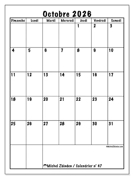 Calendrier octobre 2026 à imprimer - Planning efficace - Semaine du dimanche au samedi