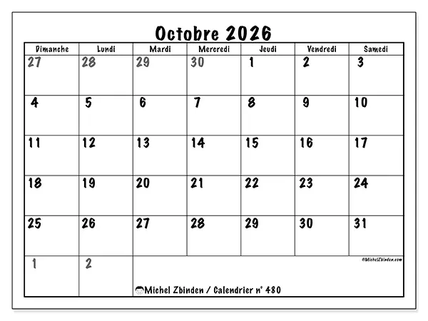 Calendrier octobre 2026 à imprimer - Planification complète - Semaine du dimanche au samedi