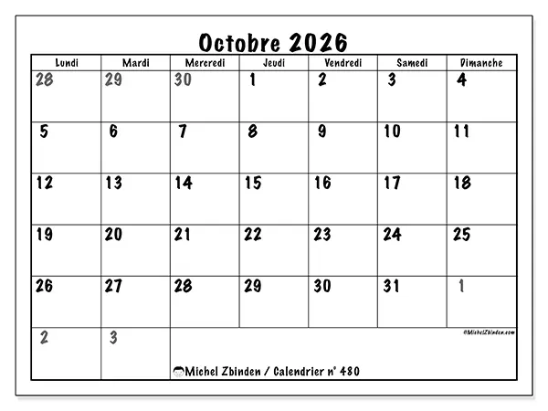 Calendrier octobre 2026 à imprimer - Planification complète