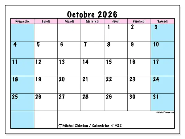 Calendrier octobre 2026 à imprimer - Horaire d’équipe - Semaine du dimanche au samedi