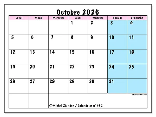 Calendrier octobre 2026 à imprimer - Horaire d’équipe