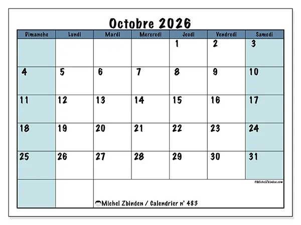 Calendrier octobre 2026 à imprimer - Structuré pour l’école - Semaine du dimanche au samedi
