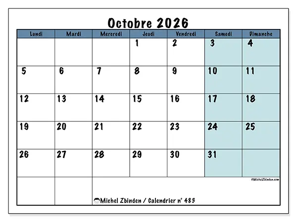 Calendrier octobre 2026 à imprimer - Structuré pour l’école
