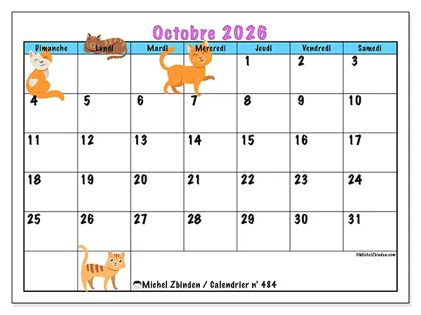 Calendrier octobre 2026 à imprimer - Amour des chats - Semaine du dimanche au samedi